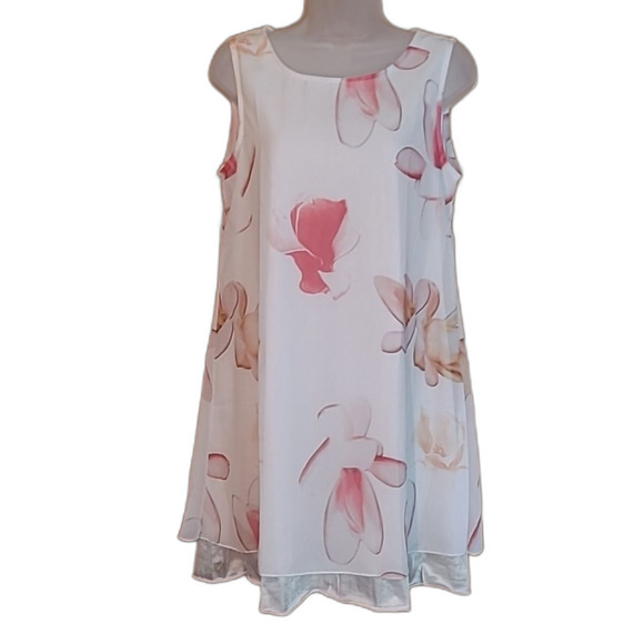 Floral Chiffon Mini Dress Sheer Lined Sleeveless Shift Tunic Boat Neck Flowery - Picture 11 of 17